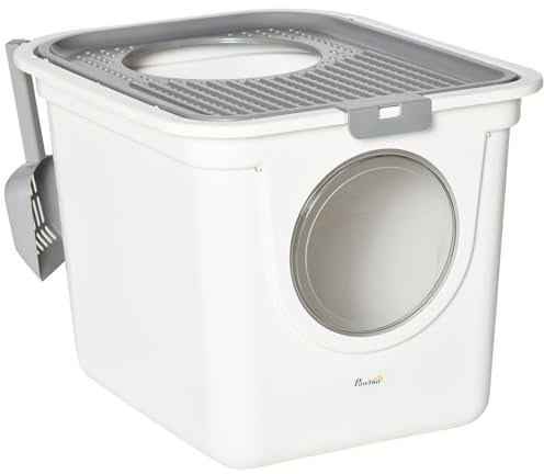 PawHut Maison de Toilette Bac à litière pour Chat Double Porte battante et supérieure, Pelle fourni, 44L x 55l x 39H cm, Blanc