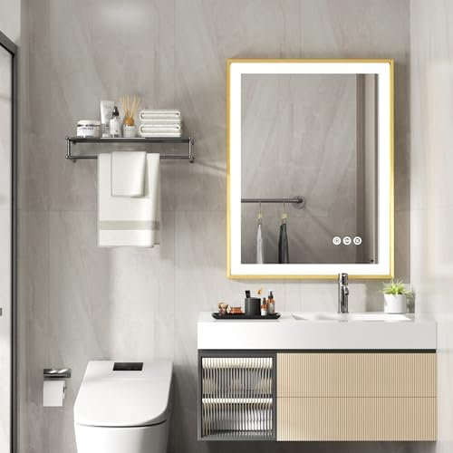 LUVODI Miroir Salle de Bain LED: 80x60cm Miroir Lumineux Interrupteur Tactile 3 Couleurs Miroir Connecté avec Éclairage intégré Miroir d’Or Brossé Mural Antibuée IP56 Mémoire avec Prise Vertical