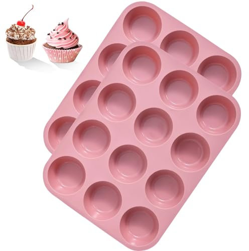 Leseed 2 Pièces Moule Muffins Silicone - Moule Silicone Muffin Sans BPA, Antiadhésif et Facile à Démouler - Réutilisable Moule Cupcake Peut 12 Cupcakes, Compatible Lave-Vaisselle (Rose)
