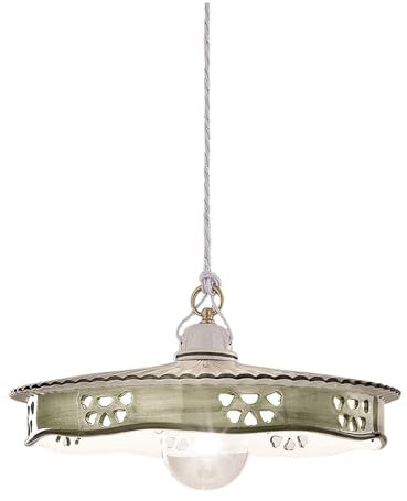 Licht-Erlebnisse Hängelampe Keramik Metall Ø 33 cm rund handbemalt in Weiß Grün Messing matt E27 Landhausstil Keramiklampe Esszimmer Pendelleuchte Wohnzimmer