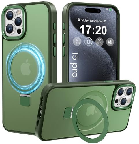 PuyaTeya Handyhülle für iPhone 15 pro Hülle, [mit Unsichtbarem Ständer ][mit Magnetic] Kratzfeste Anti-Fingerabdruck [Transluzente Matte] Hülle für iPhone 15 pro 6.1(Dunkel Grün)