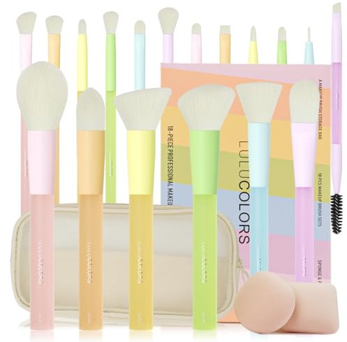 LULUCOLORS Lot de 18 pinceaux de maquillage multicolores – Professionnels et débutants, poils doux, poignées givrées en caoutchouc – Comprend un sac de voyage, 2 éponges et une collection de pinceaux