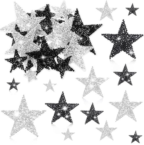 Nogeqi 24 Stück Sterne zum Aufbügeln Stern Patches zum Aufbügeln Strass Stern Aufnäher zum Aufbügeln 8/6/4/2cm Schwarz Silber Strass Sterne Patches für Kleidung T-Shirt DIY Rucksack Clothes Jeans