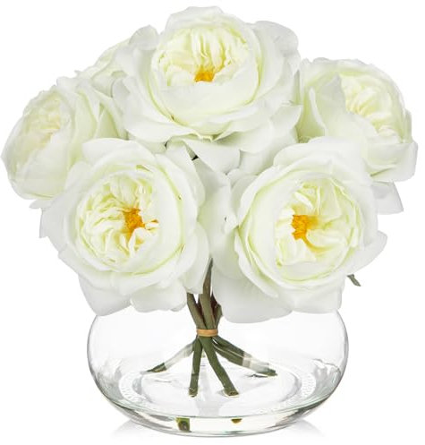 Oairse Kunstblumen mit 6 Pfingstrose in Glasvase Pfingstrose künstlich 3D-Druck Real Touch Künstliche Blumen wie echte Pfingstrose für Hochzeit, Zuhause, Hotel, Party, Blumenarrangement