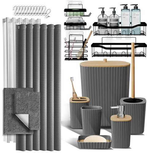 Shower Caddy and Bathroom Accessories Set with Bath Rugs, 27PC Bathroom Accessory Set with Shower Caddies Grey Bath Rugs, Shower Curtain Set, Toilet Brush, Trash Can, Soap Dispenser, Toothbrush holder