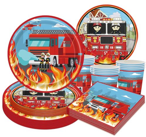 50 Teiliges Feuerwehrauto Partygeschirr Set, Feuerwehrmann Geburtstag Deko mit Papptellern Bechern und Servietten für Fireman Kindergeburtstag Partyzubehör Jungen