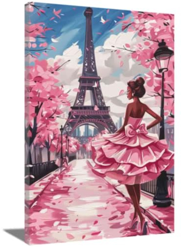 ZQQART Schwarzes Mädchen Leinwand Wanddrucke Afroamerikanische Bilder Rosa Eiffelturm Mädchen Mode Poster Paris Mädchen Malerei Mädchen Zimmer Dekor (Rosa,40x60cm)