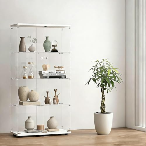 FOERPL Glasvitrine Standvitrine, Modern Durchsichtige Glas Vitrinenschrank für Sammlerstücke Wein, 4-Lagen Glasvitrine Stehend mit Tür und Schloss für Büro Wohnzimmer Bar