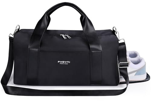 25L Medium Sporttasche Reisetasche für Damen und Herren,wasserdichte Handgepäcktasche,Trainingstasche für Reisen Schwimmenmit Schuhfach und Nassfach,Griff aus PU Leder (Schwarz,19 Mittelgroße Größe)