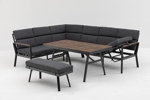 Gardissimo Nara Oak Links, Dining Lounge mit Ecksofa, Esstisch, Bank & Kissen - wetterfest bis 9 Personen - Bezüge waschbar - Aluminium Garten Sitzgruppe Gartenlounge Garten Möbel Set - anthrazit