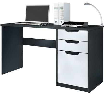 Vladon Schreibtisch Logan, Made in Germany, Bürotisch mit 2 Schubladen und 1 Tür, Schwarz matt/Weiß matt (129 x 76 x 60 cm)
