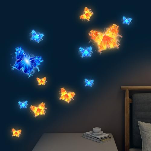 Wandtattoo Schmetterlinge 12pcs, Glühen im dunklen Schmetterling Wandaufkleber Selbstklebender Schmetterling Dekorativer Aufkleber für Wand Schlafzimmer Wohnzimmer - Blau Orange