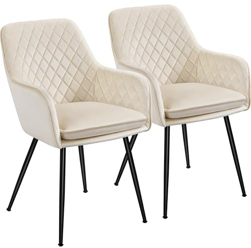 Yaheetech Esszimmerstühle 2er Set Küchenstühle, Polsterstühle mit Armlehnen Metallbeine, Seesel aus Samtstoff für Arbeitszimmer/Wohnzimmer, Beige