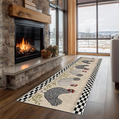 Dppyuxa Bauernhaus Hahn Teppich Läufer Landhausstil Huhn Waschbar & | rutschfest, Küchenteppich für Küche, Flur Flurteppich Lang Karierte Blatt Küchenläufer Schmutzabweisend 80x200 cm