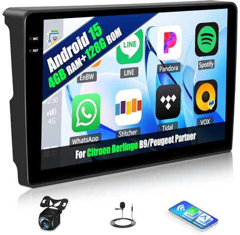 Android 15, 4G+128G GOHHDL Autoradio per Citroen Berlingo B9 2008-2017/Peugeot Partner 2008-2019 con Carplay Android Auto, Touch Radio da 9 Pollici 2Din con GPSWiFi BT FM/RDS EQ SWC Retrocamera&MIC