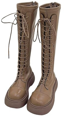 Generisch Damen Plateau Stiefel Schwarz Gothic Punk - Schnürstiefel Langschaft Lederstiefel Rundzehe Kniehohestiefel Schnürung Reitstiefel rutschfeste Winterstiefel Overknee Springerstiefel