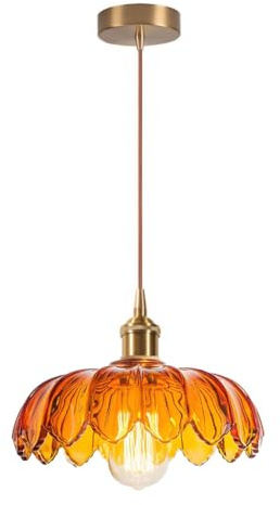 DLGLOLIN Suspension Luminaire en Verre Vintage Lustre Salon Ambre Créatif Fleurs Abat-jour Déco Intérieure Suspendues, E27 Plafonnier pour Chambre Cuisine Salle à Manger