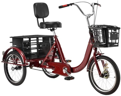 LSQXSS Lastenrad mit Heckkorb, Dreirad mit 18-Zoll-Rädern, Doppelbremsen, verstellbarem Sattel mit Rückenlehne, Cruiser mit Rahmen aus Kohlenstoffstahl, Erwachsenen-Dreirad für Freizeit, Einkaufen
