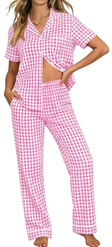 SWOMOG 100% Cotton Pyjamas for Women Set 2PCS Button-Down Lounge Pjs Short Sleeve Tops and Long-Pants with Pocket