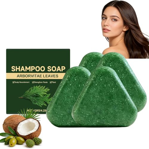 Nature Triangle Shampoo Bar für Frauen und Männer, Festes Shampoo mit Arborvitae Blättern, Dreieck Haarseife zur sanften Reinigung & Pflege, Shampo/o Bar mit Kokosöl Olivenöl Rizinusöl (4)