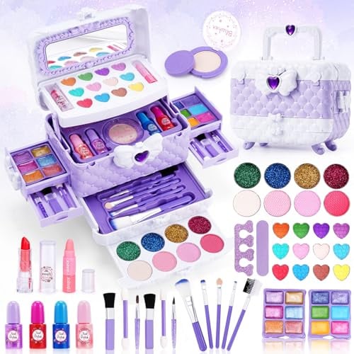 Chennyfun 53 Pcs Maquillage Enfant Jouet Filles, Lavable Malette Maquillage Jouet pour, Valise Beauté pour Enfant, Cadeau de Noël Anniversaire Jouet pour Princesse Fille 3 4 5 6 7+ Ans