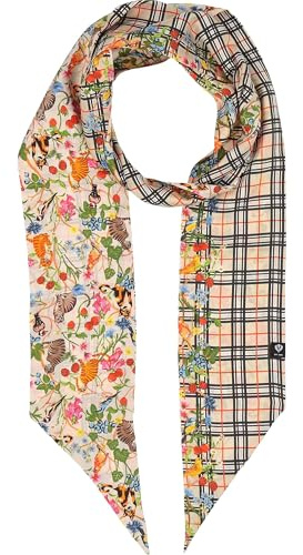 FRAAS | Damen Skinny Seidenschal mit Karo Pflanzen Vögeln Katzen | 100% Seide | 10,5 x 180 cm