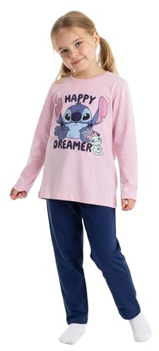 Disney Lilo & Stitch Schlafanzug für Mädchen - Happy Dreamer Kinder Pyjama Set Langarm Oberteil mit Hose Rosa/Blau