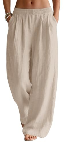 Rapbin Ladies Linen Trousers Summer Wide Leg Pants with Pockets Khaki