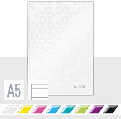 Leitz WOW Notizbuch A5 liniert, Hardcover, 160 Seiten, 80 Blatt FSC-zertifiziertes Papier 80 g/m², Hochwertiger laminierter Einband, Fadenheftung, Für Büro, Schule oder als Tagebuch, Weiß, 46271001