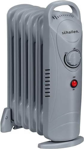 Schallen 800W 6 Fins Portable Electric Slim Oil Filled Radiator Heater with Adjustable Temperature Thermostat, 3 Heat Settings, Modern Home Heating, Fast Heating (Grey, 800W)