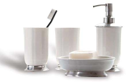 Loberon Bad-Set Millicent, weiß/Silber | Zwei Becher, eine Schale und EIN Seifenspender, Zeitloses Design, Badzubehör, Badaccessoire, Keramik, Messing