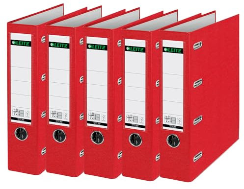 Leitz Plastik-Doppelordner mit zwei Mechaniken, 5er Pack, A4, Rot, 8,2 cm Rückenbreite, PP-laminierter Einband, 2 x für Format A5 quer, 10120025