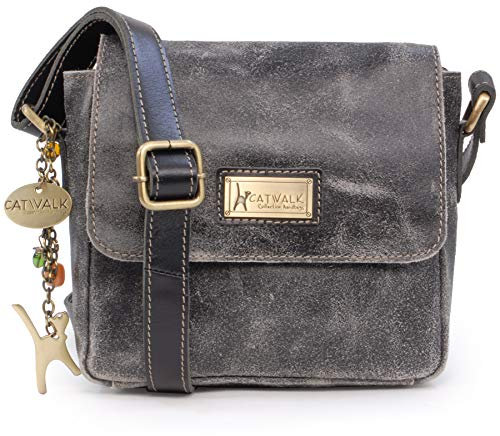 Catwalk Collection Handbags - Damen Antik - Leder Umhängetasche - Crossbody Bag Klein - Messenger Bag - Verstellbarer Schultergurt - Sabine - Schwarz