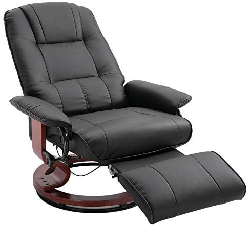 HOMCOM 360° Swivel Recliner Chair with Footstool, Manual Recliner Armchair with Wooden Base, PU Leather Upholstered Reclining Chair for Living Room, Bedroom, Office, Black