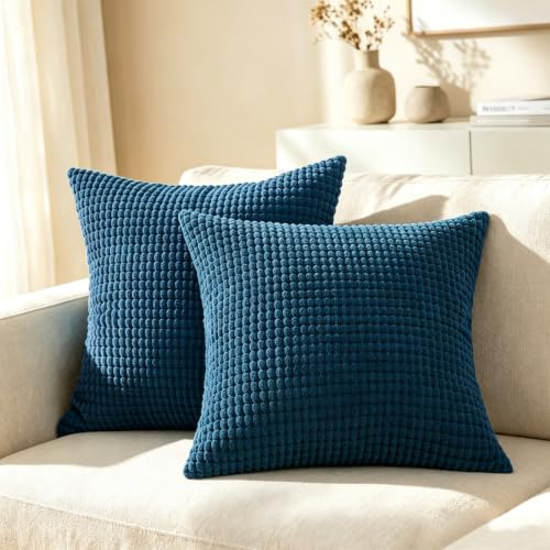 CaliTime Kissenbezüge Kissenhülle 2er-Pack Bequeme Kissenbezüge für Couch, Schlafsofa, bequem, superweich, Kordsamt, Maisstreifen, beidseitig, 40 cm x 40 cm, Tiefseeblau