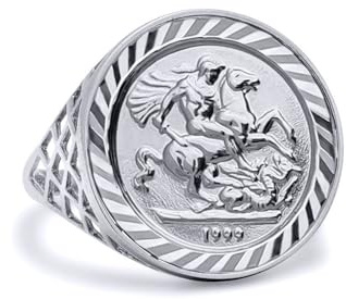 Jewelco London Men's Solid Sterling Silver St George Dragon Slayer Basket Tenth-Krugerrand-Size Ring
