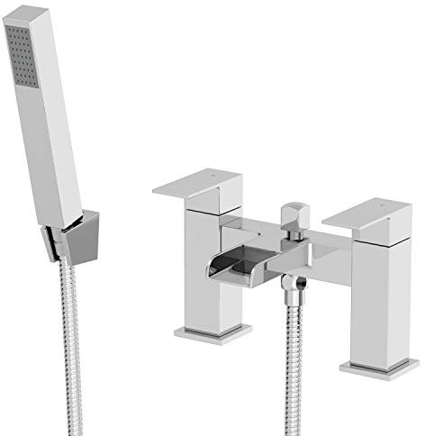 Architeckt® Dakota Bathroom Waterfall Bath Shower Mixer Tap Handset Hose Attachment Square Twin Lever Handle for Bathtub Modern, Chrome