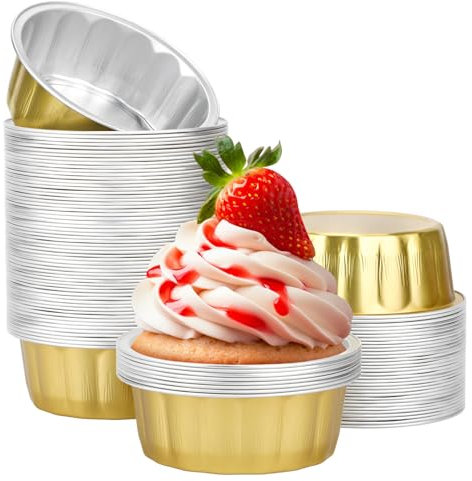 Beasea Lot de 100 ramequins jetables en aluminium de 226,8 g pour la cuisson de muffins, cupcakes, mini puddings, soufflés pour fête, mariage, anniversaire - Doré