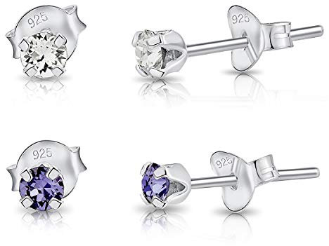 DTPsilver - 2 Paar WINZIGE Ohrringe 925 Sterling Silber mit Kristallen von Swarovski® Elements Runde Sehr KLEINE Ohrstecker - Durchmesser 3 mm - Farbe : klare Kristalle + Tansanit