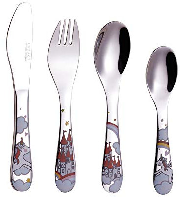 EXZACT Cubertería infantil 4 pieza para niños de Acero Inoxidable : 1 x Cena Cuchillo, 1 x Cena Tenedor, 1 x Cena Cuchara, 1 x Cuchara pequeña - Unicornios