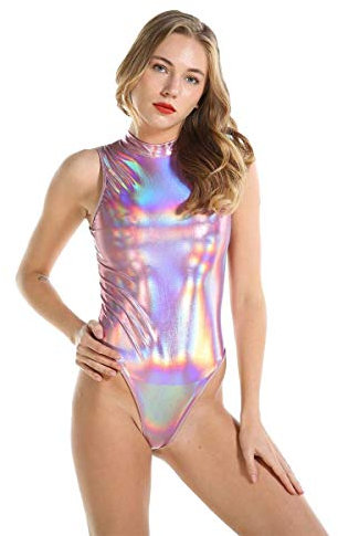 IWEMEK Sexy Damen Body Laser Metallic Ärmellos Lack Leder Bodysuit High Cut Wetlook Catsuit Glänzende Ballettanzug Ballett Tanz Trikot Leotard Top Unterwäsche Clubwear Kostüm Rosa 4XL