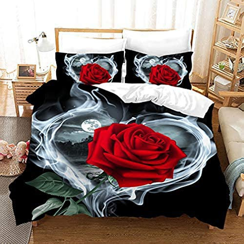 NEWAT 3D Meetlife Microfaser 2/3 Teilig Bettwäsche Set mit Roten Rosen Motiv Romantischer Blumendruck Bettbezug mit Kissenbezüge (A7,135x200cm)