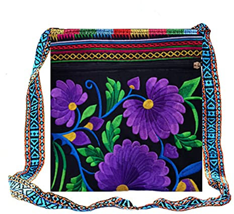 PHEVOS Leichte Vintage-Umhängetasche, ethnische Tribal-Stickerei, Boho, Hippie, Umhängetasche, Handy-Tasche für Frauen, (Violette Blume), Small