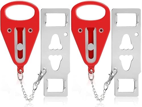Cerradura de puerta de viaje portátil roja de 2 piezas, cerradura de puerta adicional para asegurar puertas desde el interior, simple, eficaz, fiable para puertas de hotel y puertas de apartamentos,