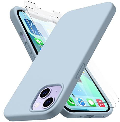 CellEver Upgraded Silicone for iPhone 13 Mini Case Ultra Slim [2 Tempered 9H Glass Screen Protectors Included] Shockproof Phone Cover with [Soft Microfiber Lining] 5.4 inch - Light Blue