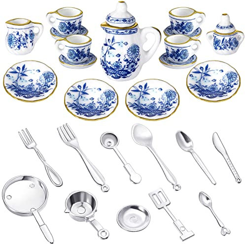 15 Pièces Accessoires Meubles de Cuisine Maison de Poupée 1:12 Set de Tasse Théière à Thé Miniature avec 11 Pièces Fourchettes Cuillères de Poupée Mini Vaisselles (Style Fleurs)