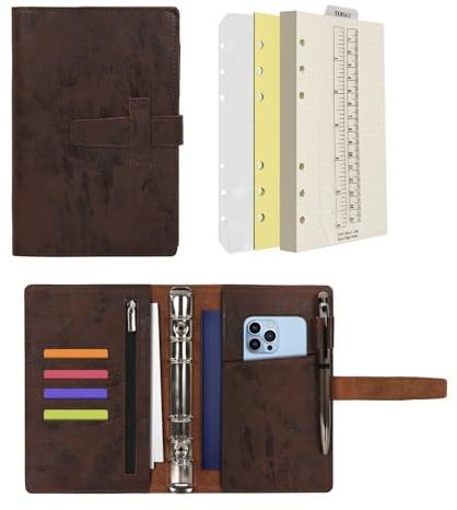 Wonderpool A6 Leder Ringbuch Tagebuch Notizbuch Organizer Ordner - Nachfüllbar Gepunktetes Papier und Multi Taschen für Business Studium Reisen (A6, Kaffee)