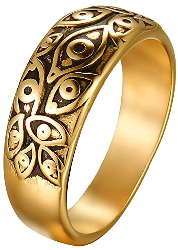 JewelryWe Schmuck Herren-Ring Edelstahl Retro Auge von Gott Teufel-Augen Männer Ringe Bandringe Gravur, Gold Größe 70