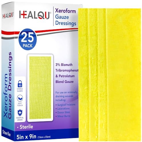 HEALQU Xeroform Petrolatum Wundkompresse, 12,7 x 22,9 cm, nicht haftende Mullpads für schwach nässende Wunden, feinmaschig, steril für Wundversorgung, Schnittwunden, Verbrennungen und