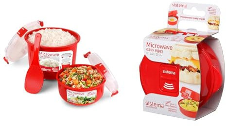 Sistema micro-ondes, cuiseur vapeur pour le riz (2,6 l) micro-ondes, récipient rond & Micro-ondes Easy Eggs | Récipient alimentaire micro-ondes | 271 ml | sans BPA | Rouge